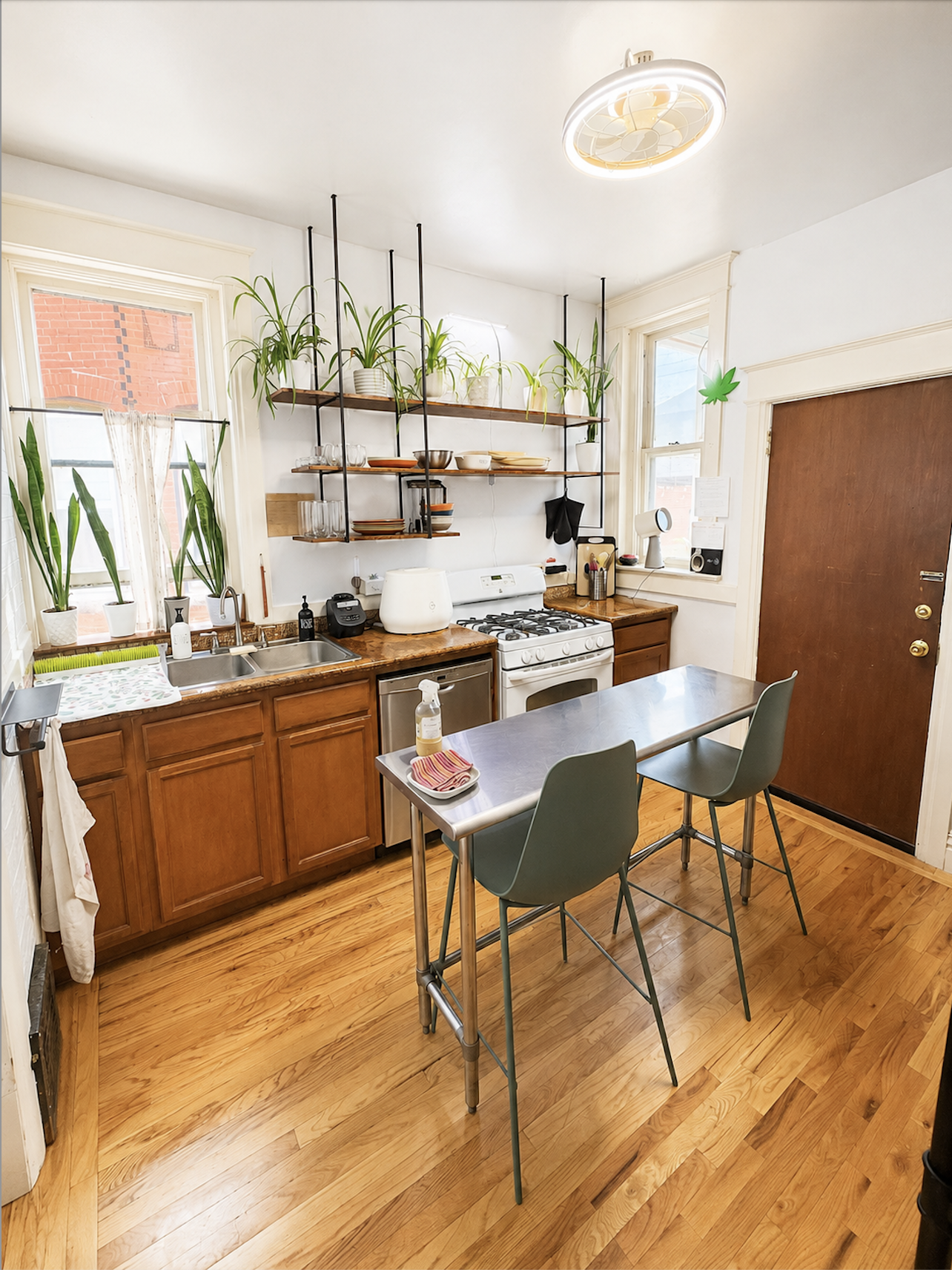 Kitchen with gas stove, bar seating, and plants