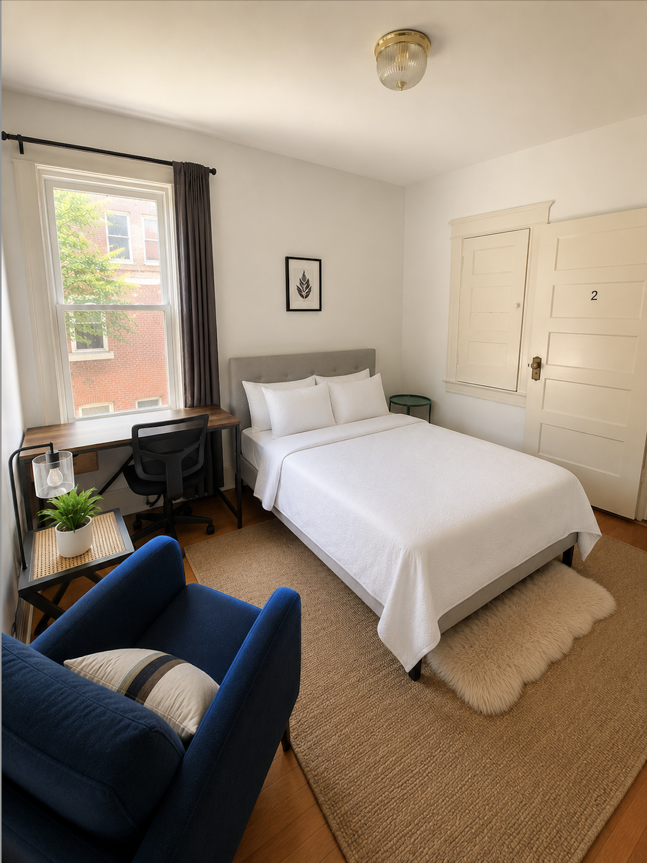 Private bedroom with queen bed and desk